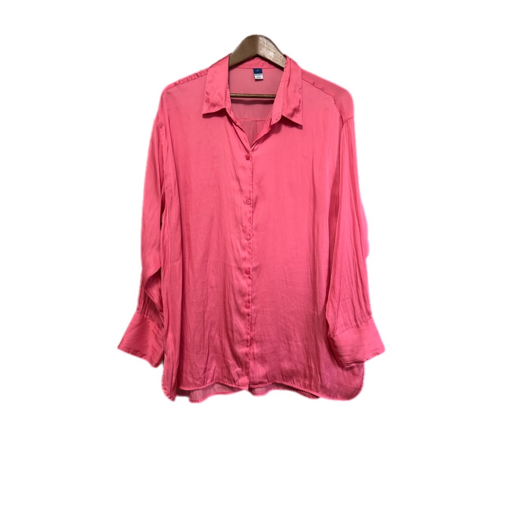Old‎ Navy Button Up Blouse Womens XL Pink Excellent Satin Finish Long Sleeve
